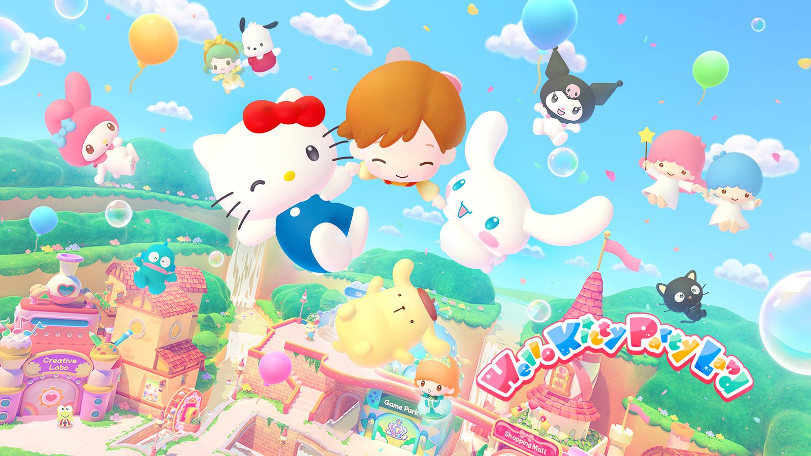 Official Hello Kitty Party Land screenshot: Sanrio characters in the sky above the Game Park, Shopping Mall and Creative Labo
